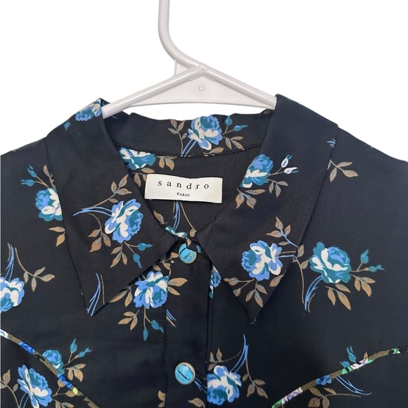 Sandro Paris Black Floral Western Long Sleeve Mini Dress XS See Measurements EUC - Picture 4 of 6